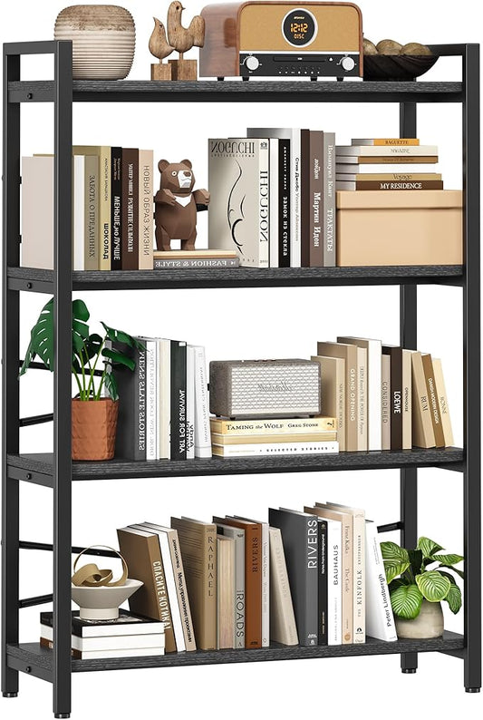 4 Tier Bookshelf 31.49" Width, Tall Book Shelf Storage and Organization, Wooden and Metal Industrial Bookcase, Large Book Shelves for Home Living Room Bedroom Office Storage(Black)