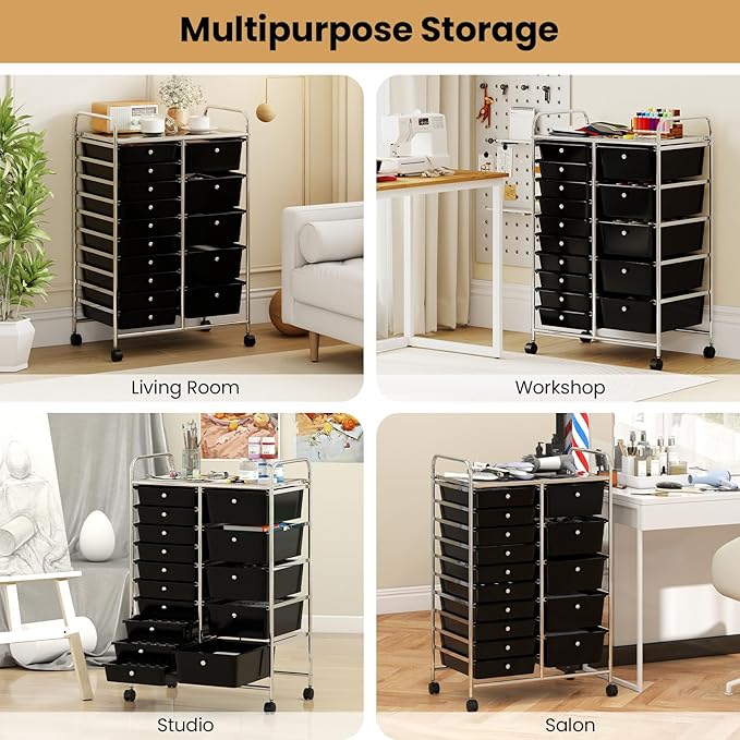 Giantex 15 Drawer Rolling Cart with Drawers, Storage Organizer Cart for Classroom Office School Teacher, Mobile Drawer Cart for Tools, Crafts, Small Printer, Black