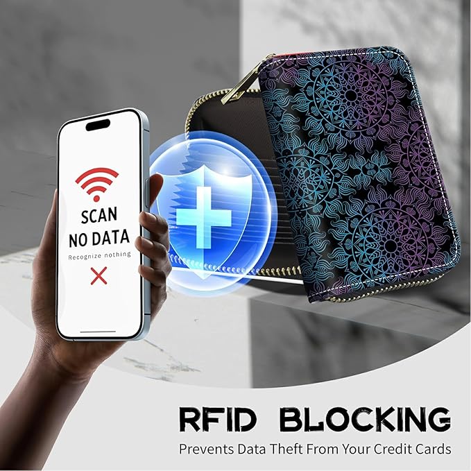 BWEGRHE Cute Credit Card Holder with Zipper, Purple Blue Mandala RFID-Blocking Card Case Small Wallet for Women Men, Multi-slot Card Organizer Case Travel Accordion Wallet