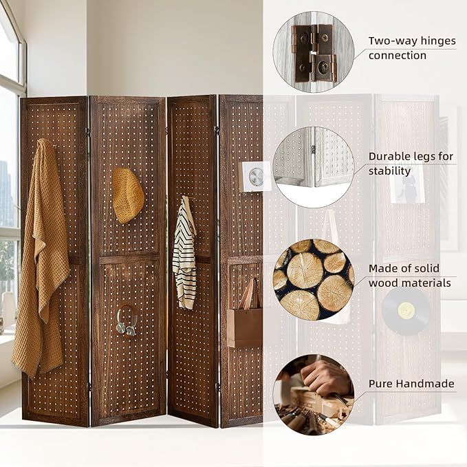 Aleesing 6 Panel Pegboard Display with 24 Hooks,Partition Room dividers, Wooden Room Divider Wall and Folding Privacy Screens, Pegboard Room Divider, Bedroom, Balcony, Dark Brown