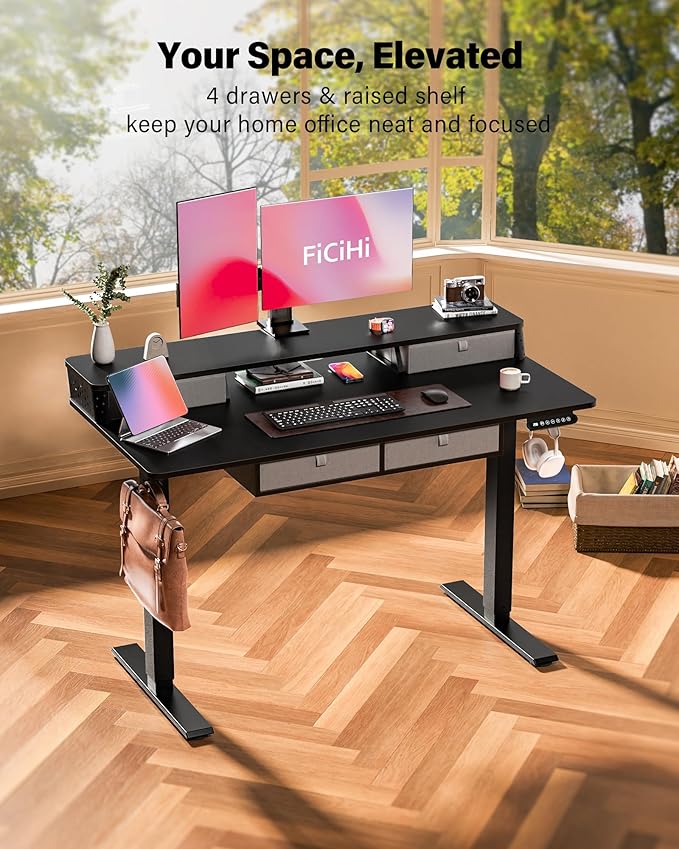 FiCiHi Electric Standing Desk with Four Drawers, Adjustable Height Sit Stand Desk, C-Clamp Compatible Home Office Desk with Storage Shelf & Monitor Stand Riser, 48 x 24 Inch,Classical Black