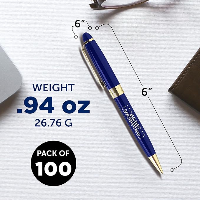 DISCOUNT PROMOS 100 Ultra Executive Pens Pack - Customizable Text, Logo - Twist To Write, Gold Accent - Blue