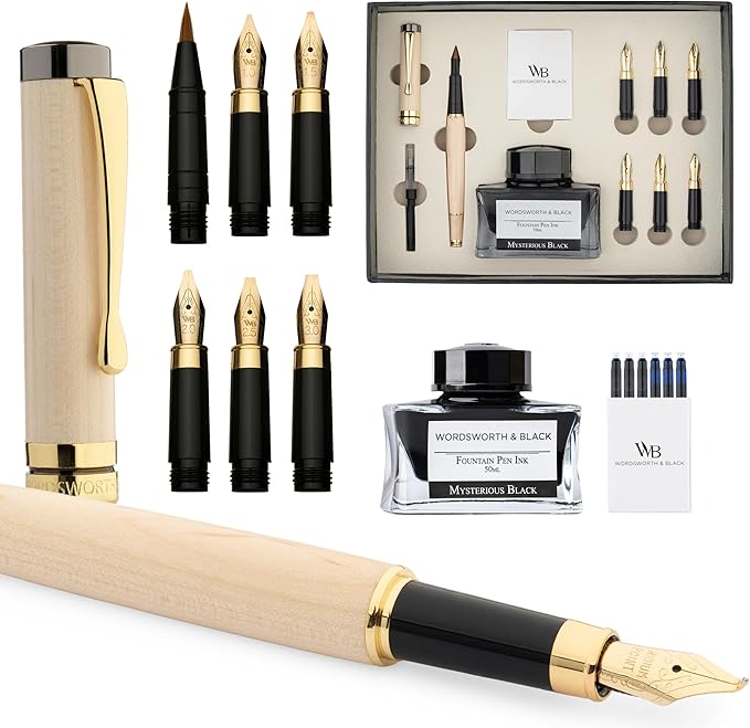 Wordsworth & Black Calligraphy Pen Gift Set, Includes Ink Bottle, 6 Ink Cartridges, Ink Refill Converter, 6 Replacement Nibs, Luxury Bamboo, Journaling, Smooth Writing Pens [Maple Wood]