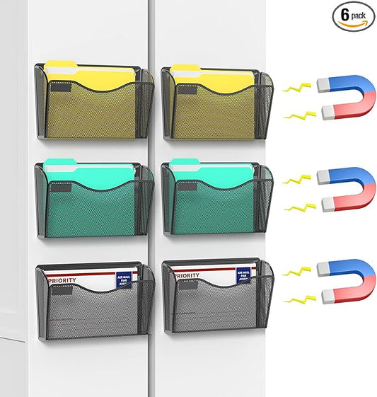 samstar 6 Pack Magnetic File Holder, Mesh Wall File Organizer File Pocket Mail Organizer Paper Folder Holder for Office/Home, No Drilling(Magnetic)