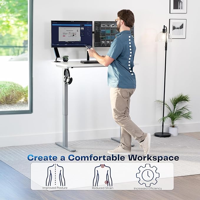 VIVO Electric 43 x 24 in Standing Desk, Memory Height Adjustment, 1B Series, Holds 220 lbs, One-Piece White Top, Gray Frame, DESK-KIT-1G4W