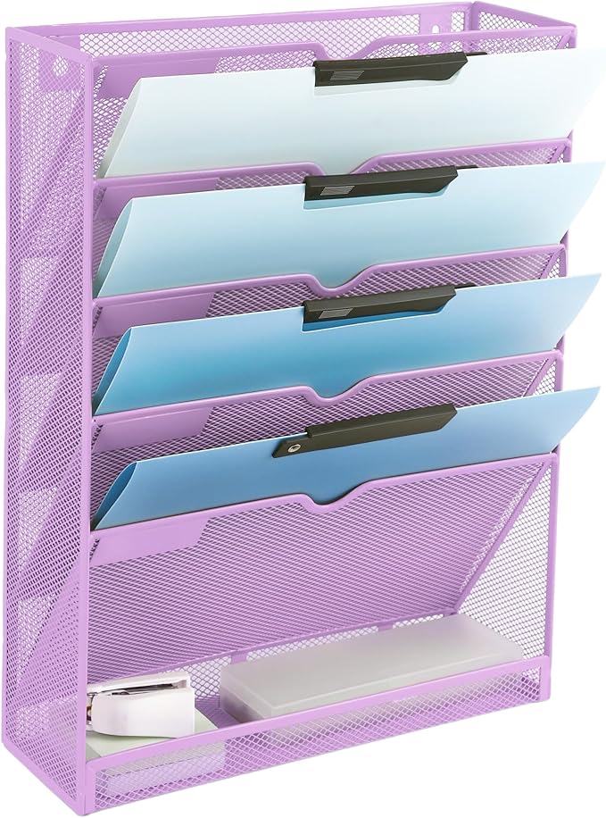 EASEPRES 6 Tier Mesh Hanging Wall File Organizer, Desk Vertical Mail Paper Document Folder Holder Rack with Bottom Tray and Nametag Label for Office Home School, Light Purple