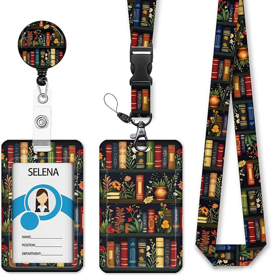 Floral Bookshelf Lanyards for ID Badges, Badge Holder with Lanyard Detachable, Badge Reel Retractable Keychain Clip, Cruise Ship Cards Holder Protector Name Tags, Teacher Nurse Office Women Gifts