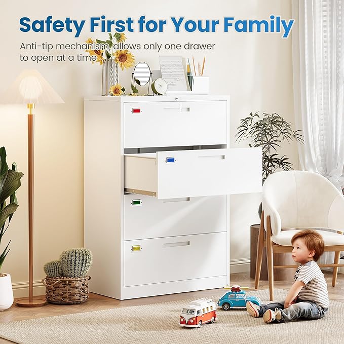 PEUKC 4 Drawer File Cabinet, Lateral Filing Cabinets for Home Office, Office Storage Drawers with Lock, Hanging Files Legal/Letter A4 Size (Assemble Required,White)