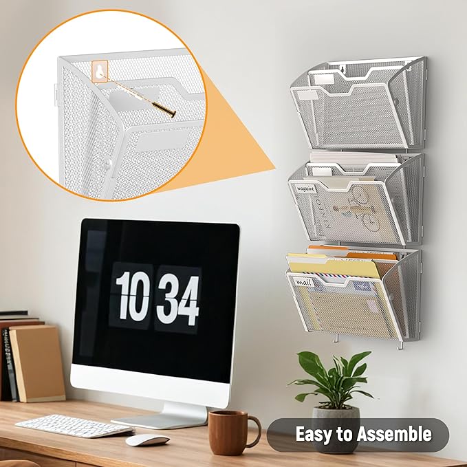 Docnest 2 Tier Mesh Wall File Holders with Hooks – 3 Pack Hanging Letter Holder - Document Organizer for Mail, Paper, Office, Home, School – Space-Saving Wall Mounted Folder Holder – White