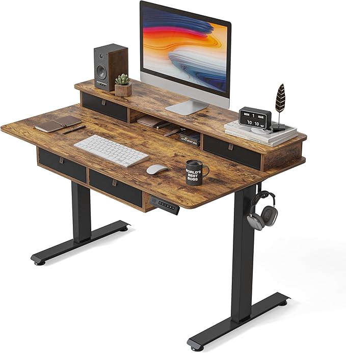 FEZIBO 48'' x 24'' Electric Standing Desk with 4 Storage Drawers, Adjustable Height Computer Table with Monitor Shelf, Stand Up Desk for Study, Gaming, Workstation, Rustic Brown Top