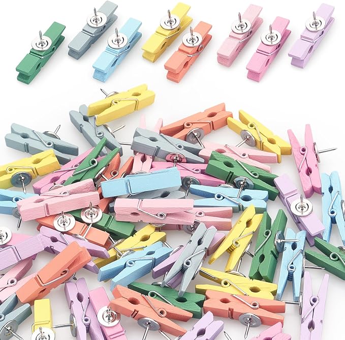 50 PCS Wooden Clips Colorful Push Pins Tacks for Cork Board Artwork, Crafts Arts Projects(Macaron)