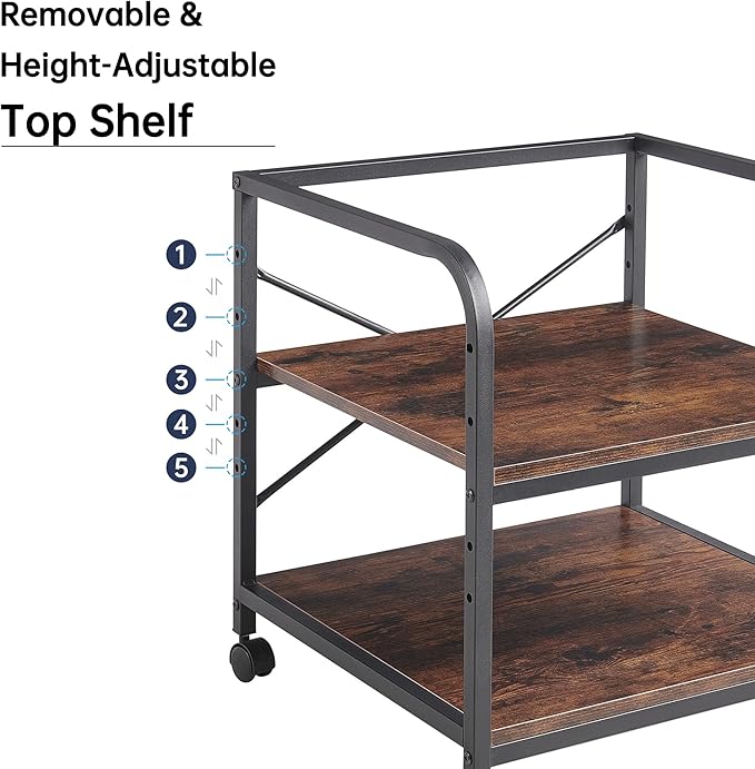 Fannova Under Desk Printer Stand, 20 Inches Deep Large Printer Table with Height Adjustable Storage Shelf, 2 Tier Rolling Printer Cart with Wheels for Home Office - Rustic Brown