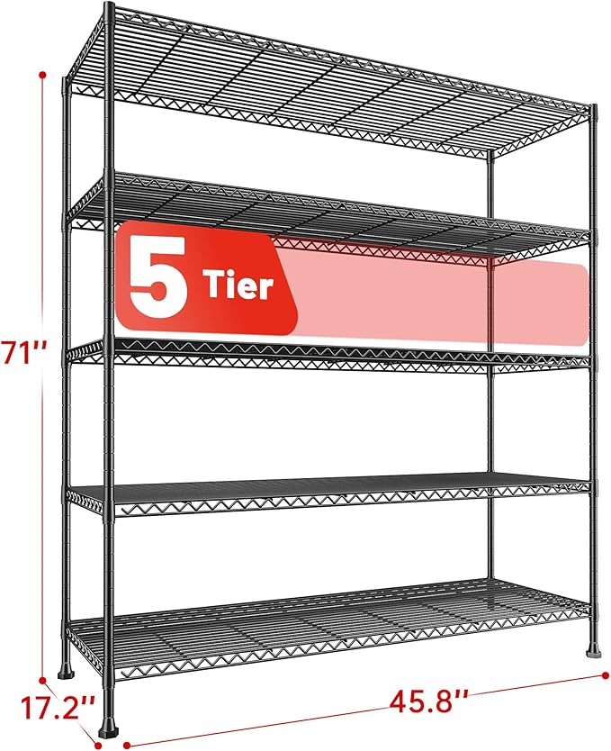 REIBII 45.8“W Metal Shelving Storage Shelves, 5-Tier Wire Shelving Unit,Heavy Duty Garage Shelving, Adjustable Storage Rack for Pantry Kitchen Dining Room Restaurant Supermarket Commercial Black