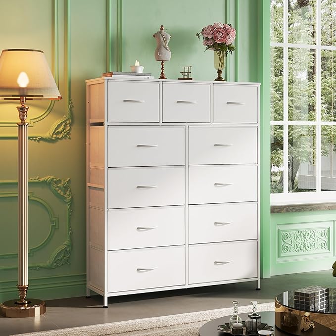 WLIVE Tall Dresser for Bedroom, Fabric Dressers Storage Tower, Dresser & Chest of Drawers Organizer Unit with 11 Drawers, Storage Cabinet, Hallway, Closets, Steel Frame, Wood Top, White