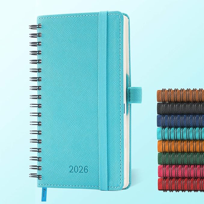 IN-LUXPRO Planner 2026 Daily Weekly and Monthly,6.5"x3.75",12 Months Spiral Bound Calendar Agenda with Self-adhesive Pen Holder,2026 Appointment Book with Vegan Leather Soft Cover,Light Blue