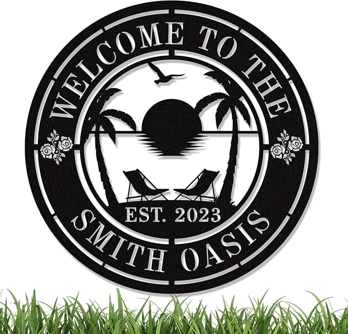 Personalised Tropical Patio Metal Sign, Custom Oasis Metal Sign, Custom Backyard Pool Sign, Custom Beach House Decor, Custom Family Welcome Sign, Custom Palm Tree Outdoor Decor