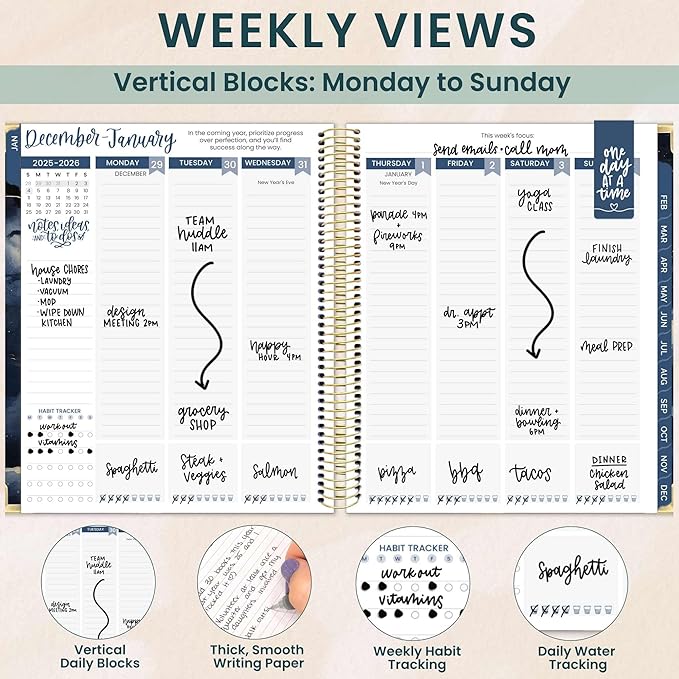 bloom daily planners 2026 Hardcover Calendar Year Goal & Vision Planner (January to December) - Monthly & Weekly Agenda Organizer - 7.5" x 9" - Midnight Sky