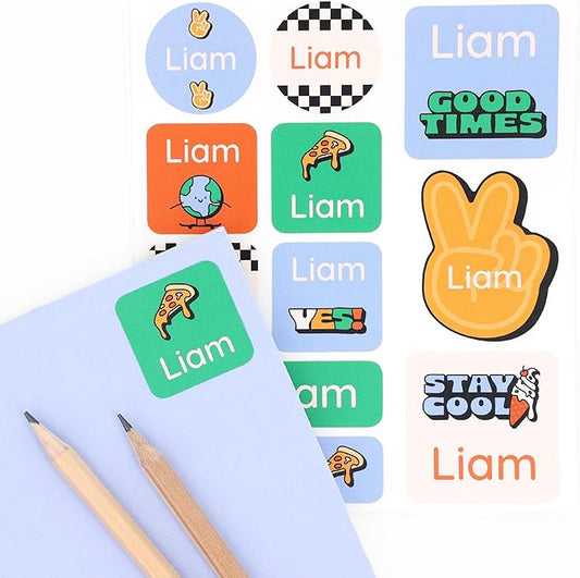 Large Name Labels for Kids (33) - Custom Stickers for Daycare and School Supplies - Durable, Waterproof Stickers for Water Bottles, Lunch Boxes, and More with Unique Designs - Stay Cool