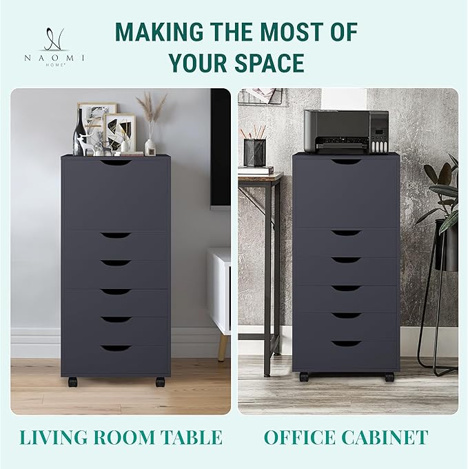 Naomi Home Carly 6-Drawer Craft & Office Storage Cabinet, – Mobile Filing Unit with Wheels, Spacious for Supplies & Documents, Under Desk Fit, 18.8" D x 15.7" W x 41.3" H