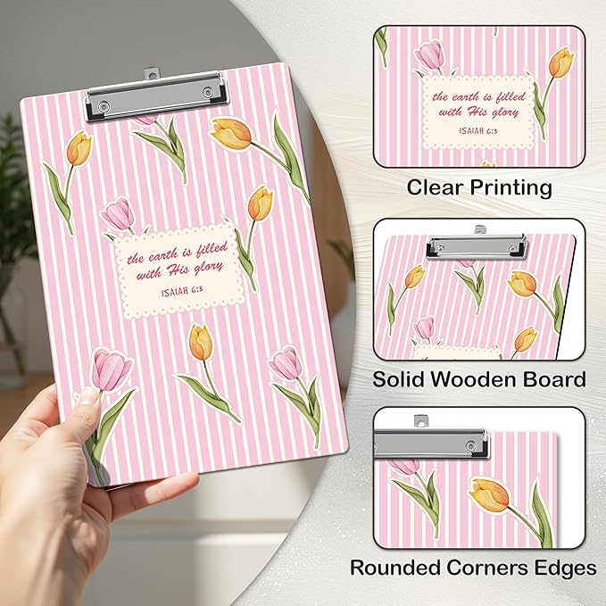 APIILVPQ Tulip Clipboard, Bible Verse Clipboards with Low Profile Clip for Office School Use, Pink Flower Wooden Clip Boards for Nurses Teachers Students - B01