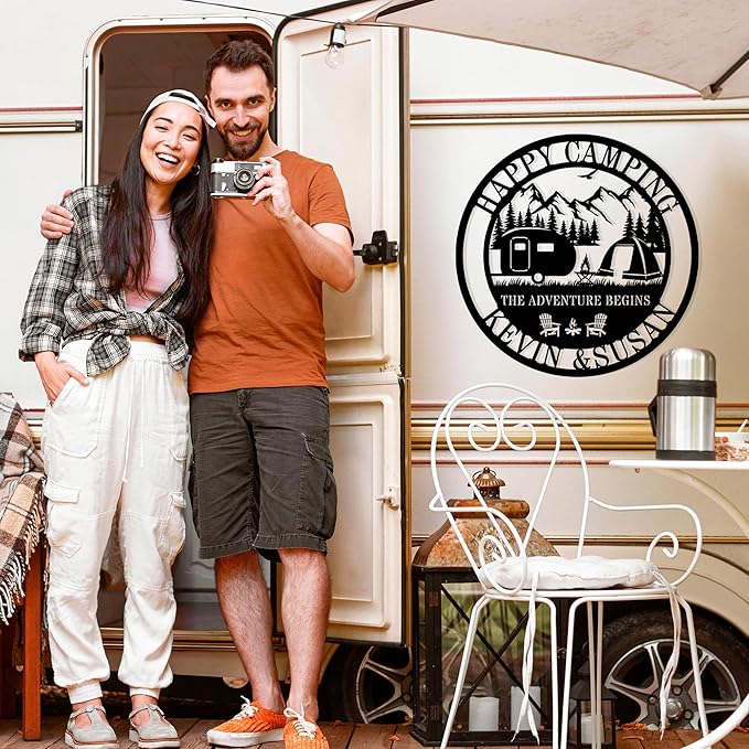 Custom RV Camping Metal Sign for Camper Decor, Personalized Name Sign for Campsite, Outdoor Wall Hanging Campground Sign, Family Camping Gift, Metal Campfire Decor for Trailer or Motorhome
