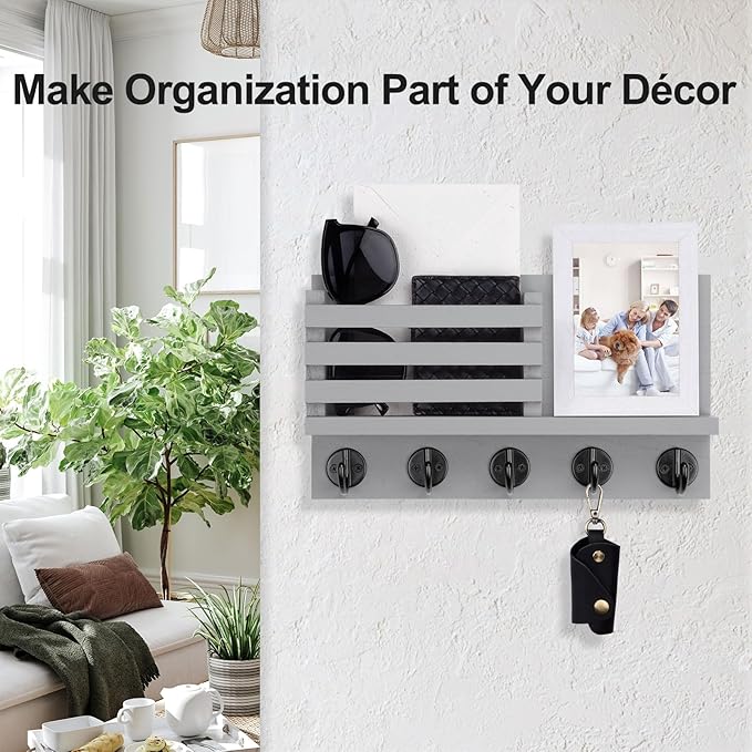 Lwenki Key Holder for Wall – Decorative Wooden Mail Holder and Key Shelf with Mounting Hardware, Installation Guide – Paulownia Wood with 5 Metal Key Hooks (11.8” x 6.7” x 2.8”)
