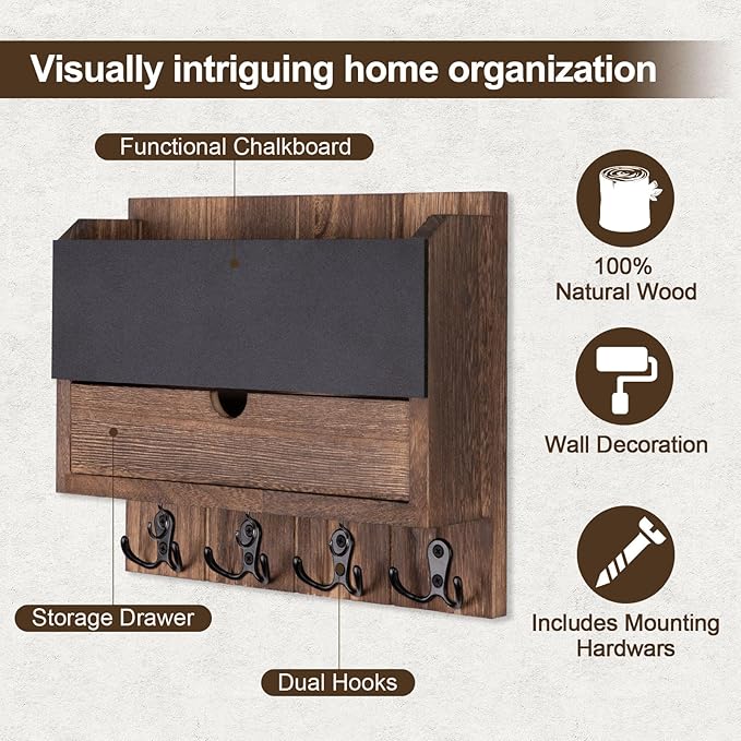 Lucundm Mail and Key Holder Wall Mount with Storage Drawer – Modern Wooden Mail Organizer for Wall Entryway, 7 Key Hooks & Chalkboard Panel – Stylish Home Decor for Apartments, Living Room, Office