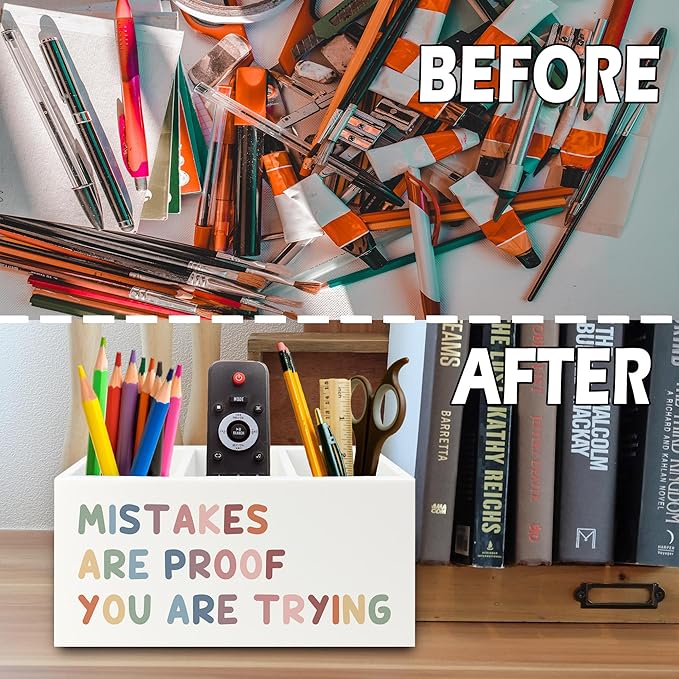 XPH Boho Inspirational Pen Pencil Holder Organizer for Desk, Positive Inspirational Gifts, Mistakes are Proof You are Trying Motivational Wooden Box Sign for Classroom Desk Tabletop Decorations