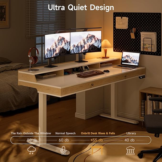 Standing Desk With Drawers, 47x23.6 Inch Electric Stand Up With Storage Shelf and Memory Controller, Adjustable Height 28-46 Inch for Computer Workstation, White