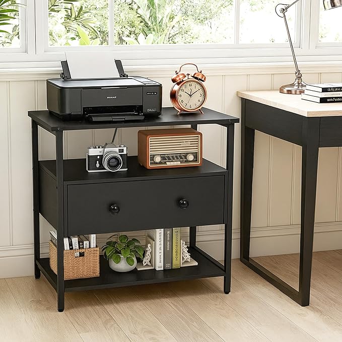 Edbuosy 27 Inch Wide Night Stand with Charging Station, Wood Nightstand with Open Shelf, Large Drawer Bedside Table for Living Room/Bedroom/Office (Black)