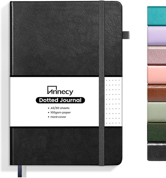 Annecy Numbered Bullet Dotted Journal Notebook, Medium 5.5x 8.25, 160 Pages 100GSM Writing Paper, A5 Black Faux Leather Cover with Pen Loop