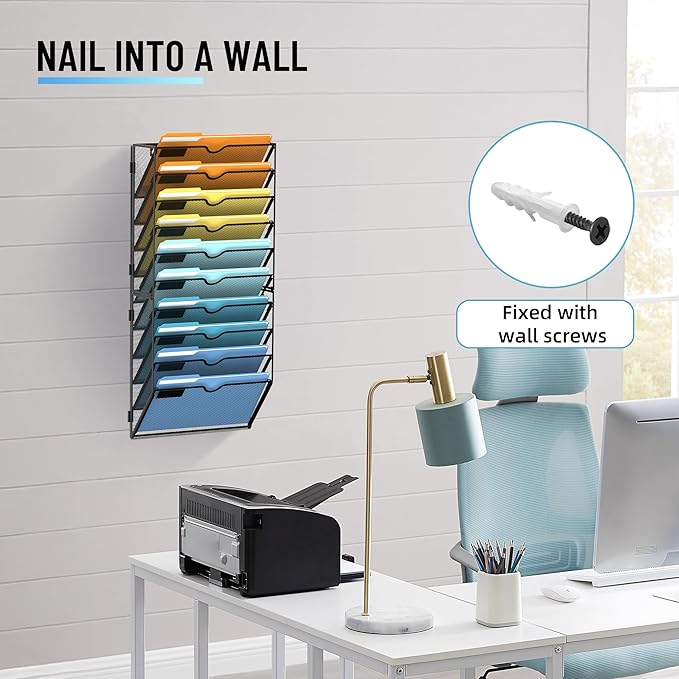 SUPEASY 10-Tier Wall File Holder Organizer with Hooks, Mesh Hanging File Organizer, Mail Organizer Wall Mounted for Papers, Folders, Office Magazine Rack, Black