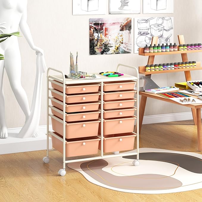 Happygrill 12-Drawer Rolling Storage Cart, Multipurpose Storage Cart W/Lockable Wheels, 2 Sizes Plastic Drawers & Metal Shelf, Mobile Utility Cart for Home Office School (Peach Fuzz)