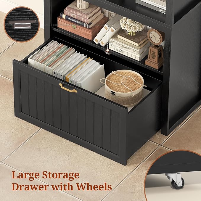 81" Tall Arched Cabinets,Bookcase with Drawer storage,Mid-Century Modern 5-Tier Bookshelf,2 Book Risers and Adjustable Shelves offering more storage space for Living Room,Kitchen,Home Office,Black