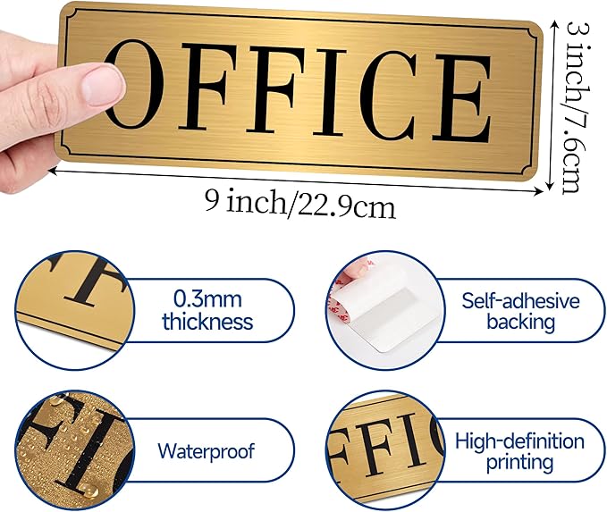 The Office Sign for Home and Business Door，Self-Adhesive Waterproof and Fade-Resistant Brushed Gold Office Sticker for House，Business，Door, Window