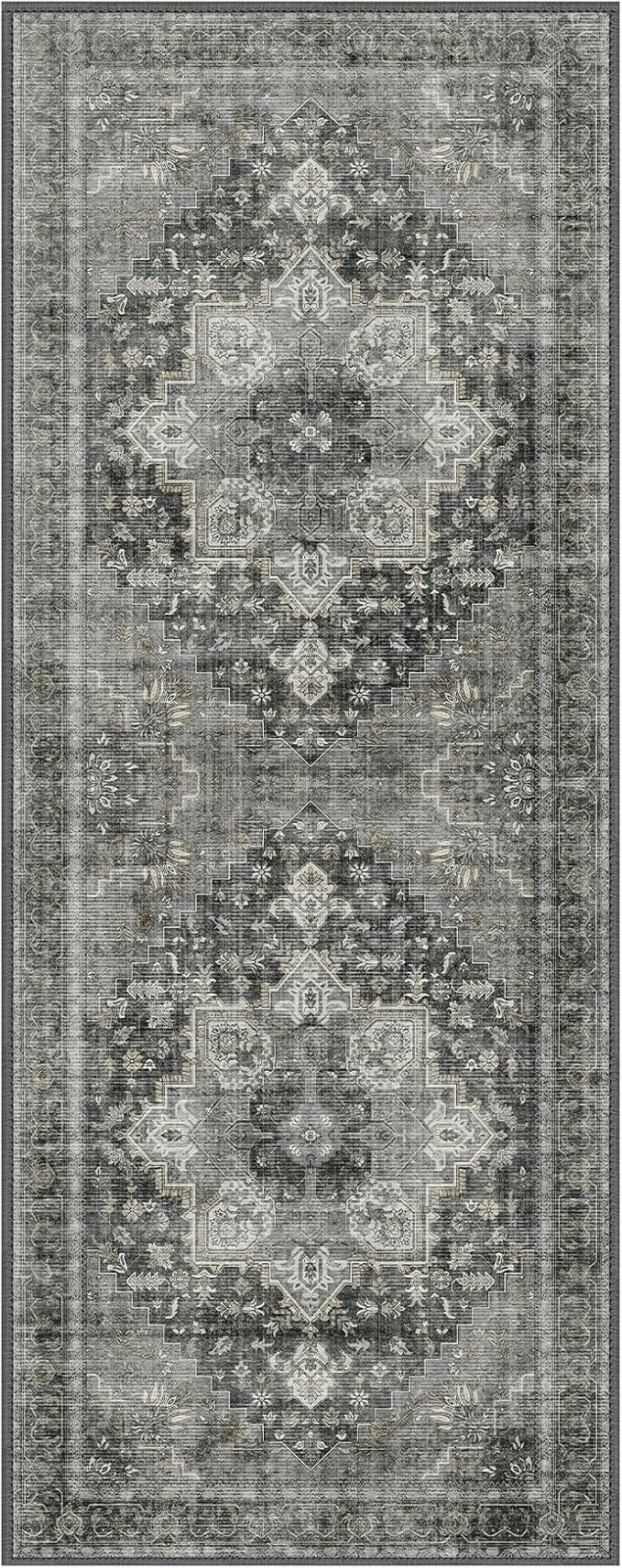 GENIMO 2x6 Runner Rugs for Hallway, Machine Washable Non Slip Vintage Rugs, Low Pile Lightweight Soft Print Rug for enrtyway, Corridor, Home Office, Kitchen, Charcoal Gray