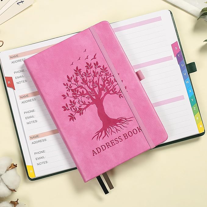 Address Book with Colorful Alphabetical Tabs (8.4" x 5.8") - Hardcover Telephone and Contact Organizer, with Space for Important Website Passwords and Software Licenses - Pink