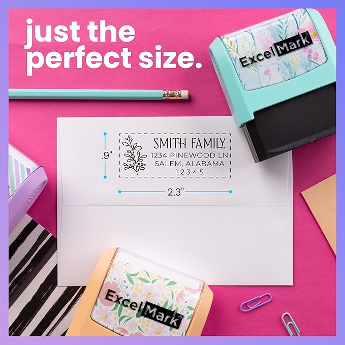ExcelMark Address Stamp - Custom Return Address Stamp with Elegant Designs, Vibrant Colors & Patterns – Perfect for Mail, Invitations & Gifts (Black Mount, Foliage Edge)