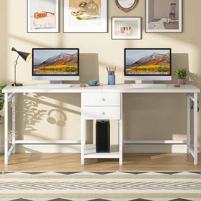Tribesigns 79 Inch Extra Long Double Desk with 2 Drawers, Two Person Computer Desk with Storage Shelves, Writing Table Study Desk for Home Office, White