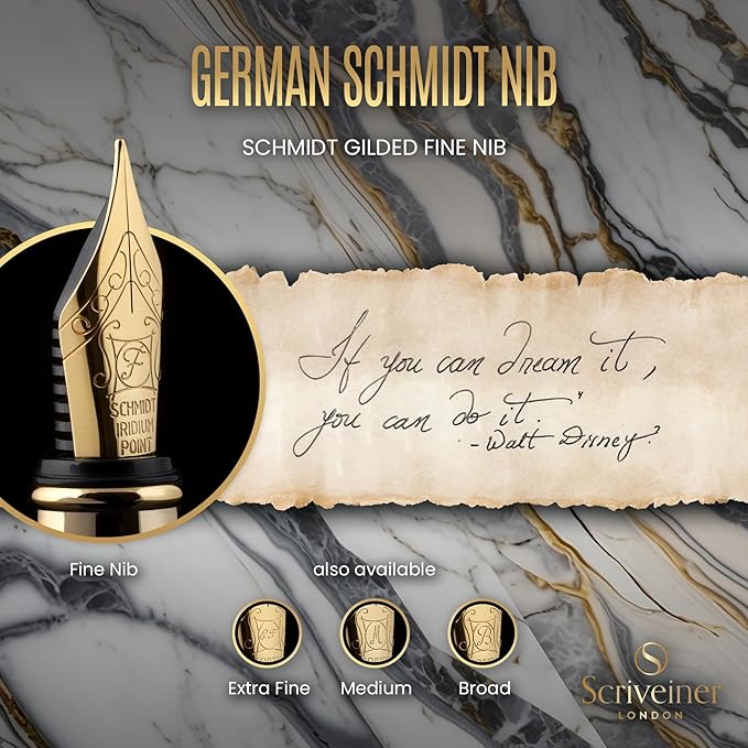 Scriveiner Silver Chrome Fountain Pen - Stunning Luxury Pen, Real Gold Finish, Schmidt Gilded Nib (Fine), Best Gift Set for Men & Women Professional Executive Office Fancy Nice Designer Pen