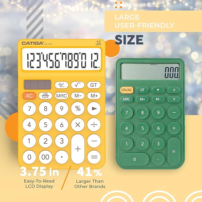 CATIGA 12 Digit Desktop Calculator Basic Desk Calculator with Large LCD Display, Big Buttons, 4 Function, Solar and Battery Dual Power, for Office, School, Home, SD-1292 Yellow