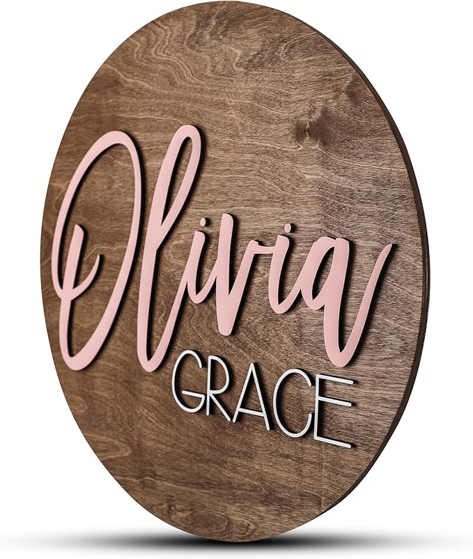 Custom Round Nursery Name Sign, Personalized Wooden Wall Plaque, 12" 18" 24" 30" 3D Wall Art for Children & Kids Rooms, Baby Shower, Hickory Hollow Designs (Olivia Grace)