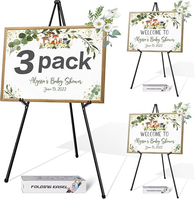 VAIIGO 63" Display Easel Stand - 3Packs Art Easels for Wedding Sign Poster Stand Folding Floor Adjustable Metal Black Easel Instant Tripod Easel for Painting Wedding Welcome Sign Stand
