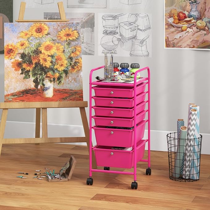 Giantex 6 Storage Drawer Cart Rolling Organizer Cart for Tools Scrapbook Paper Home Office School Multipurpose Mobile Utility Cart (Macaron)