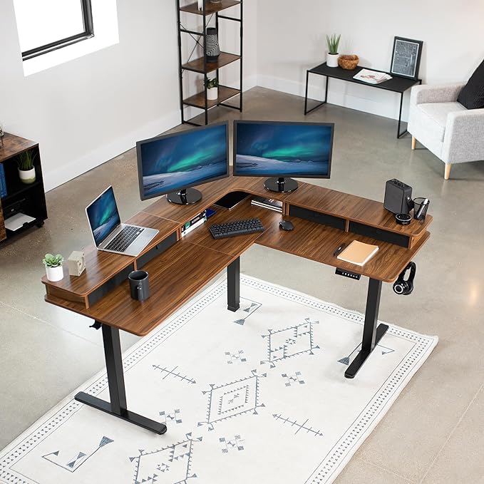 VIVO Electric 2-Tier Corner L-Shaped 63 x 55 inch Standing Desk, Height Adjustable, Memory Controller, Dark Walnut Top Black Frame, Black Drawers, DESK-E3CVD
