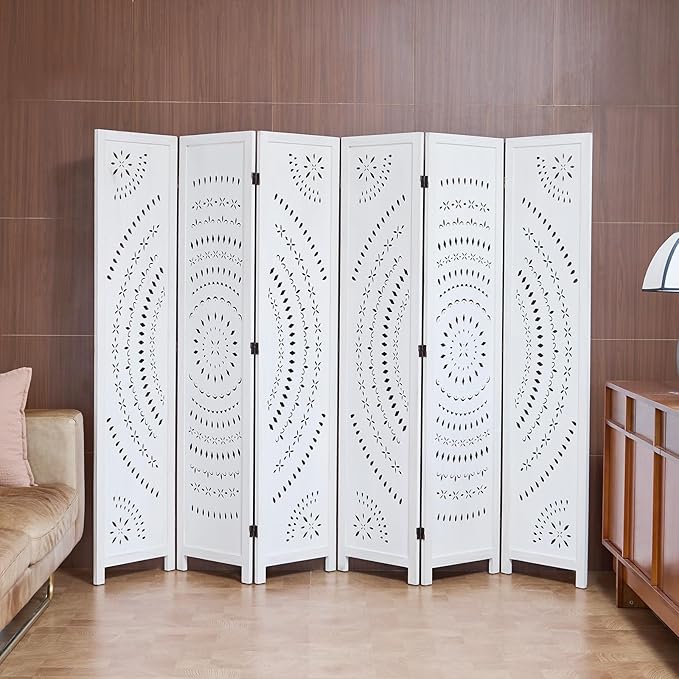 66.9Inch Folding Room Divider, 6 Panels Wood Carved Privacy Screens, Free Assembled Freestanding Partition for Home Office Restaurant Bedroom (White-Washed)