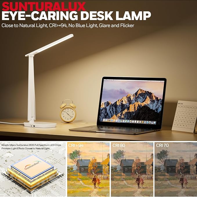 Honeywell LED Desk Lamp for Home Office, Eye-Caring Light with 4 Color Modes & Touch Control, USB A+C Charging Ports, Adjustable Rotating Head with Timer for Reading, Bedroom & Small Desks