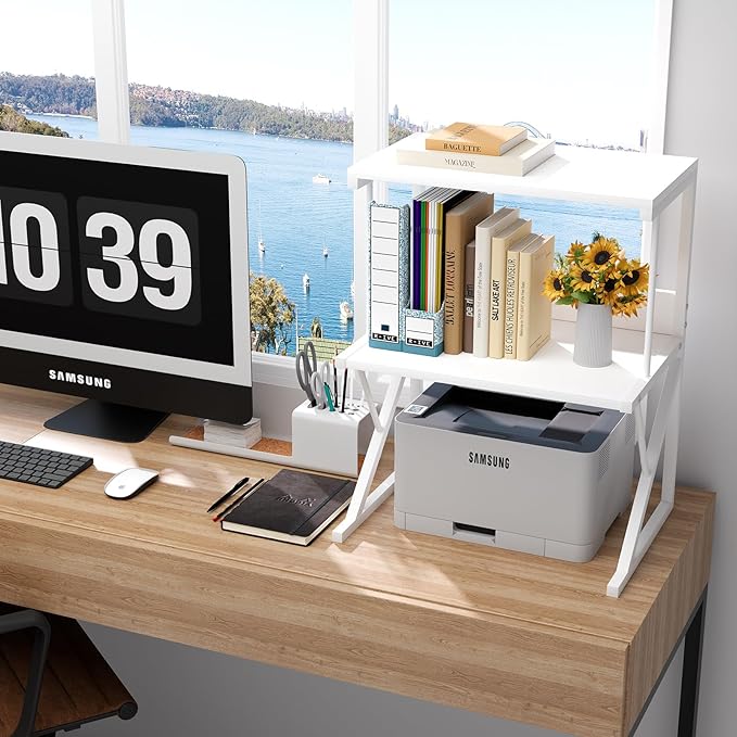 aboxoo Printer Stand for Desk, Desktop Printer Shelf Large 3-Tier Multi-Purpose Office Organization Shelves for Home Office, White