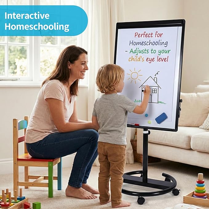 40 X 28 Inch Mobile Magnetic Whiteboard on Wheels, Rolling Dry Erase Board Easel on Height Adjustable Stand with Flipchart Paper Pad (25 Sheets) for Class Teaching, Office Meeting & Workshops