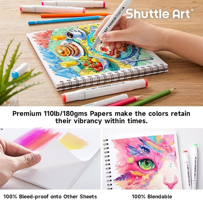 Shuttle Art Marker Pad, 8.9”x8.3” Portable Sketchbook, 40 Sheets Marker Drawing Paper, 110LB/180GSM Smooth Surface Bleedproof Art Paper, Spiral-Bound, Great for Beginners to Draw, Paint & Sketch
